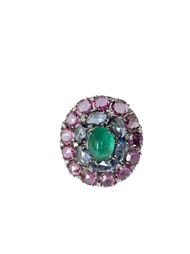 Colombian Emerald & Diamond Cocktail Ring - 18k White Gold Pink & Blue Sapphire Statement Ring Hover Image