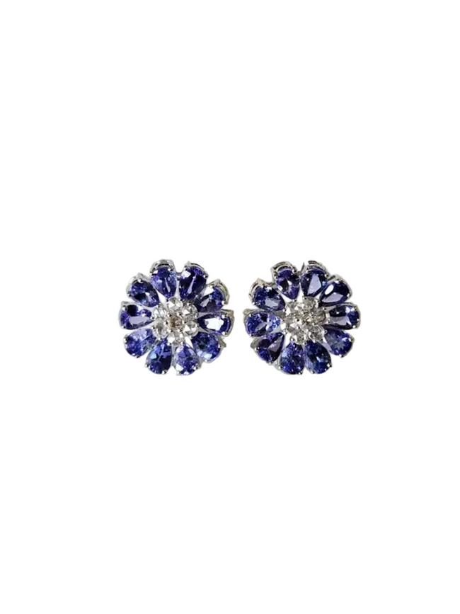 18k White Gold Diamond Stud Earrings - Natural Tanzanite & Rose Cut Diamonds Earrings Hover Image