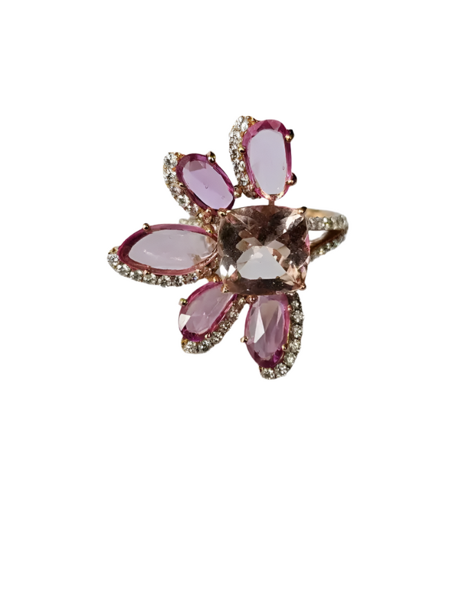 18k Rose Gold Diamond Wedding Ring With Morganite & Pink Sapphire Gemstone Hover Image
