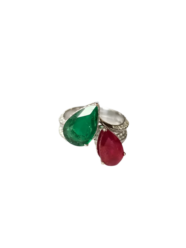 Natural Pear Shape Zambian Emerald & Mozambique Ruby Wedding Ring - 18k White Gold Diamond Ring Hover Image