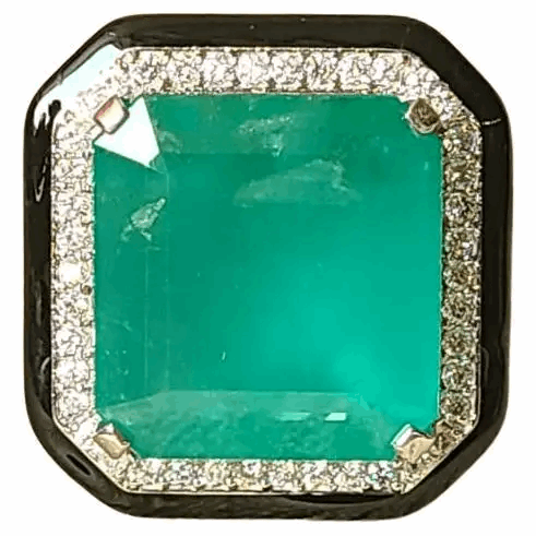 Zambian Emerald 16.72 Carats, Black Enamel & Diamonds Cocktail/ Engagement Ring