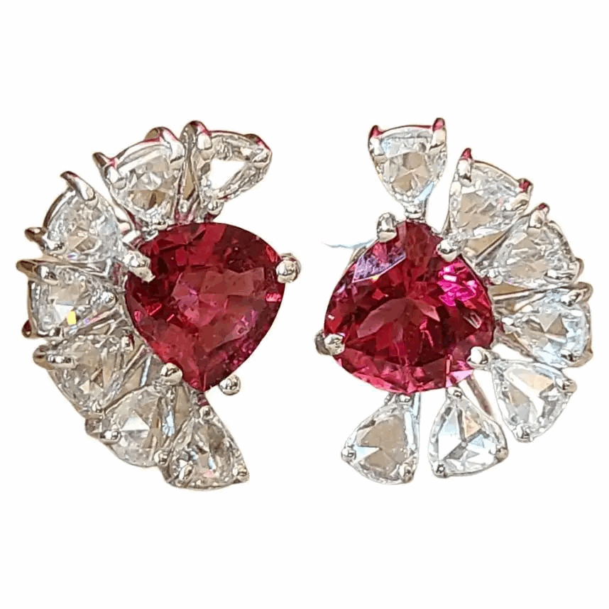 Rubellite Set in 18K White Gold & Rose Cut Diamonds Cocktail/ Engagement Ring