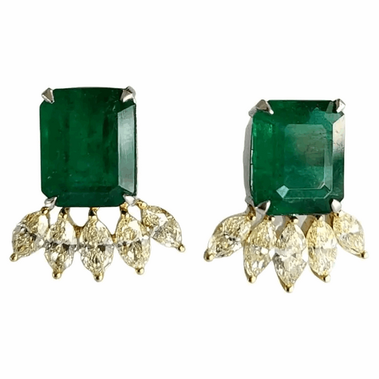 Natural Zambian Emeralds 11.51 carats & Yellow Marquise Diamonds Stud Earrings