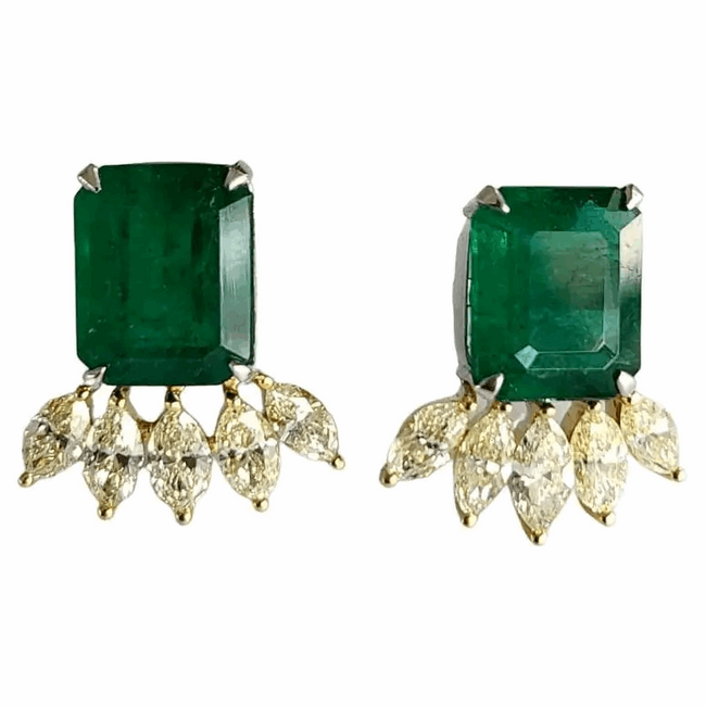 Natural Zambian Emeralds 11.51 carats & Yellow Marquise Diamonds Stud Earrings Hover Image