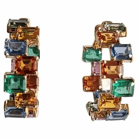 Multi Sapphire Set in 18K Gold 12.35 carats & 1.85 carats Emeralds Hoop Earrings
