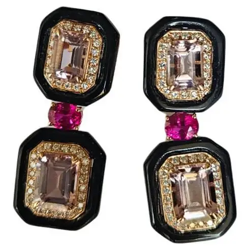 4.79 Ct. Morganite Gemstone Dangle Earrings - Solid 18k Rose Gold Diamond Wedding Earring - Natural Ruby Gemstone & Black Onyx Women Jewelry Hover Image
