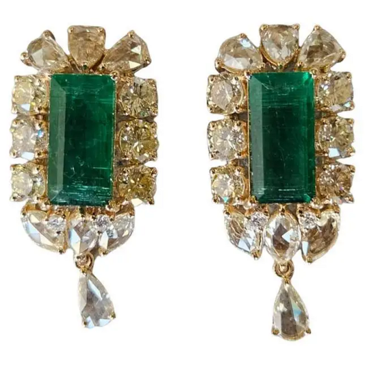 Natural Zambian Emerald & Yellow Rose Cut Diamond Earrings - 18k Yellow Gold Women Jewelry