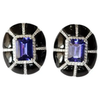 9.24 Ct. Natural Tanzanite Stud Earrings - 18k White Gold Handmade Earrings - Gold Diamond Women Earrings - Black Onyx Earrings
