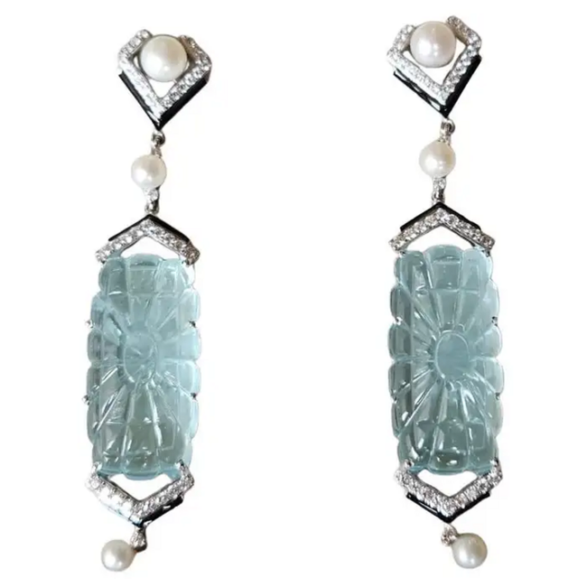 Handmade 18k White Gold Dangle Earrings - Natural Diamond & Carved Aquamarine Gemstone Earrings - Freshwater Pearl, Black Enamel Earrings Hover Image