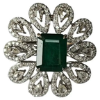 Solid 18k White Gold Diamond Floral Wedding Ring - Natural Zambian Emerald Statement Ring