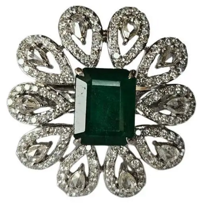 Solid 18k White Gold Diamond Floral Wedding Ring - Natural Zambian Emerald Statement Ring Hover Image
