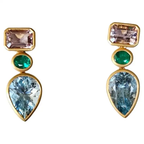 18K Yellow Matte Gold, Aquamarine, Emerald & Morganite Dangle Earring