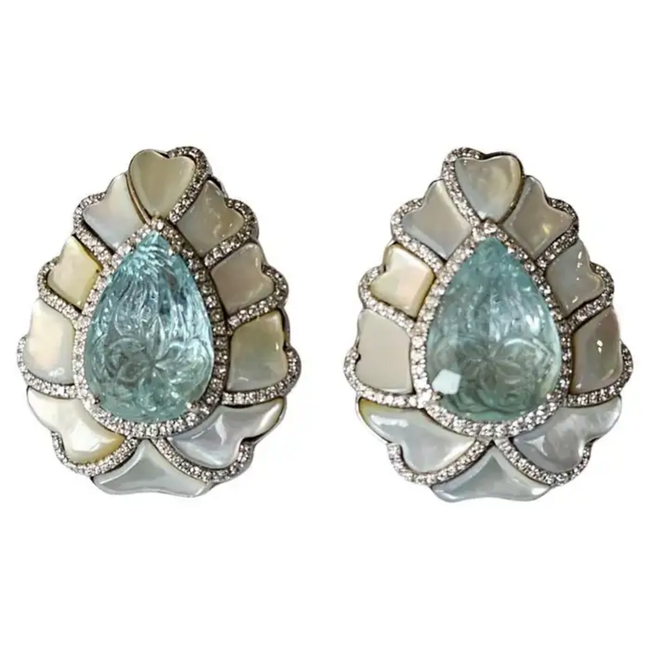 18k White Gold Handmade Diamond Stud Earrings - Pear Shape Carved Aquamarine & Pearl Stud Earrings Main Image