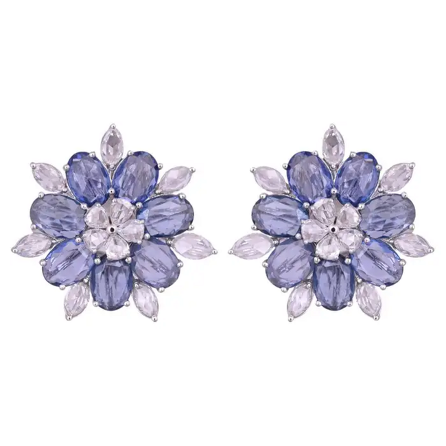 18k White Gold Rose Cut Diamond Stud Earrings - Natural Blue Sapphire Gemstone Earrings Hover Image