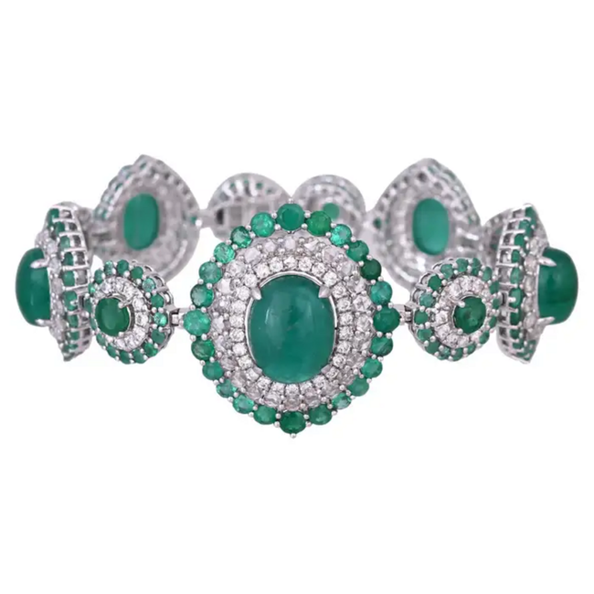 Natural Colombian Emerald Bracelet - 18k White Gold Diamond Handmade Bracelet Hover Image