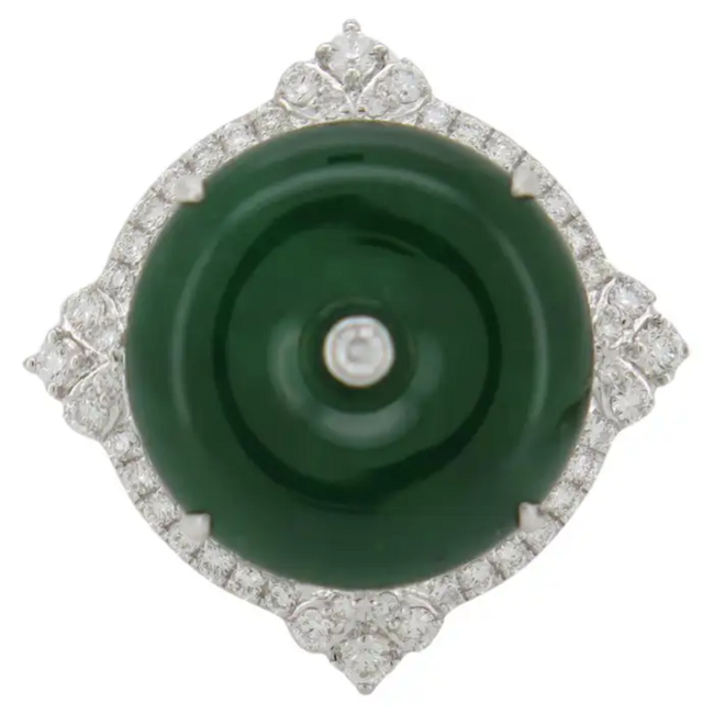 Jadeite Jade & Diamonds Engagement Ring - 18k White Gold Diamond Ring Hover Image