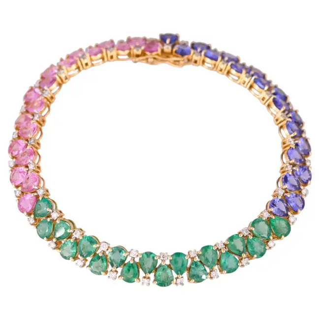 Natural Emerald, Tanzanite & Pink Sapphire Bracelet - 18k Yellow Gold Diamond Tennis Bracelet Hover Image