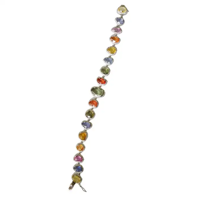 Natural Multi Sapphire & Rose Cut Diamond Bracelet - 18k White Gold Handmade Bracelet Hover Image