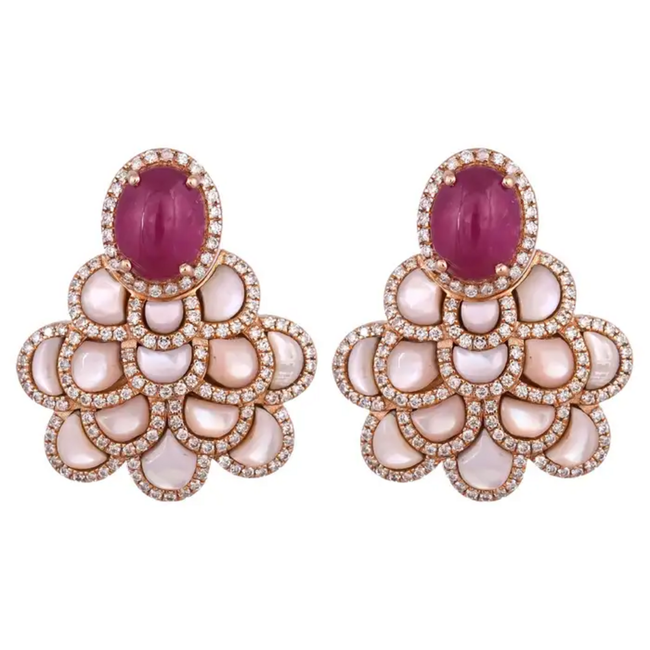 18k Rose Gold Diamond Stud Earrings - Natural Ruby & Mother Of Pearl Dangle Earrings Main Image