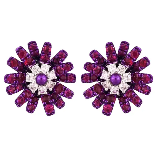 Natural Mozambique Ruby & Diamonds Stud Earrings - 18k Gold Purple Rhodium Tiny Stud Earrings Main Image