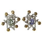 18k White Gold Handmade Stud Earrings With Yellow Diamonds - Natural Blue & Green Sapphire Stud Earrings