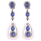 18k White Gold Diamond Dangle Earrings - Natural Blue Sapphire & Onyx Earrings