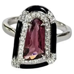 Natural Tourmaline & Black Enamel Ring - 18k White Gold Diamond Cocktail Ring
