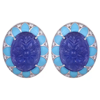 Hand Carved Tanzanite & Turquoise Enamel Stud Earrings - 18k White Gold Diamond Earrings