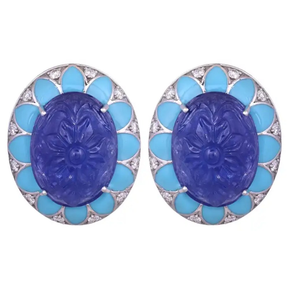 Hand Carved Tanzanite & Turquoise Enamel Stud Earrings - 18k White Gold Diamond Earrings