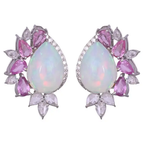 18k White Gold Diamond Stud Earrings - Natural Ethiopian Opal & Pink Sapphire Earrings