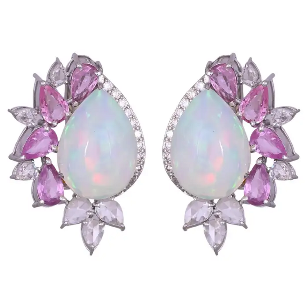 18k White Gold Diamond Stud Earrings - Natural Ethiopian Opal & Pink Sapphire Earrings