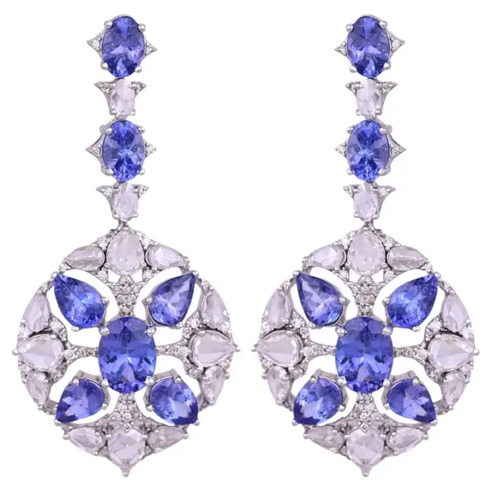 18k White Gold Rose Cut Diamond Dangle Earrings - Natural Tanzanite Gemstone Earrings