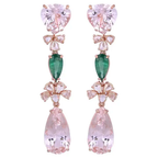 18k Rose Gold Rose Cut Diamond Dangle Earrings - Natural Zambian Emerald & Morganite Earrings