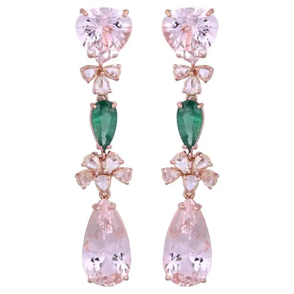 18k Rose Gold Rose Cut Diamond Dangle Earrings - Natural Zambian Emerald & Morganite Earrings