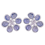 18k White Gold Floral Stud Earrings - Natural Blue Sapphire & Rose Cut Diamond Earrings