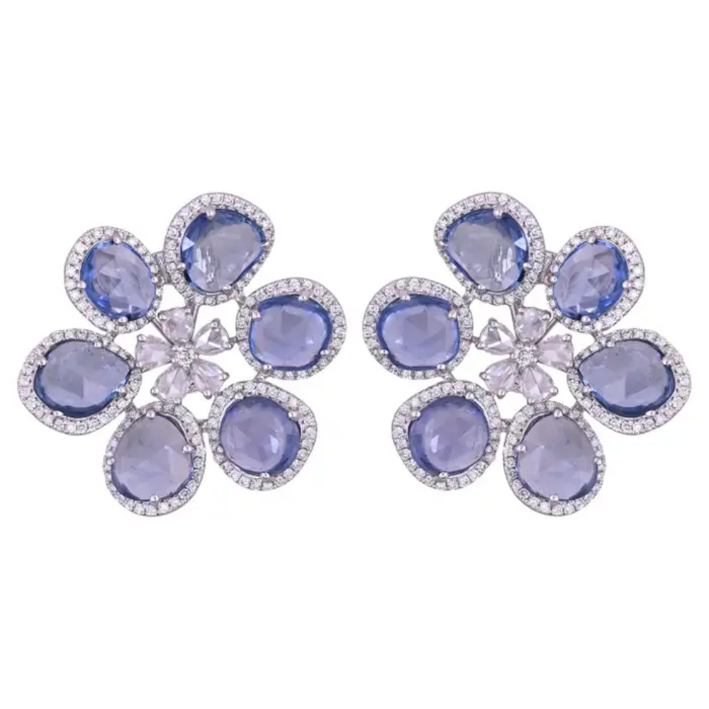18k White Gold Floral Stud Earrings - Natural Blue Sapphire & Rose Cut Diamond Earrings