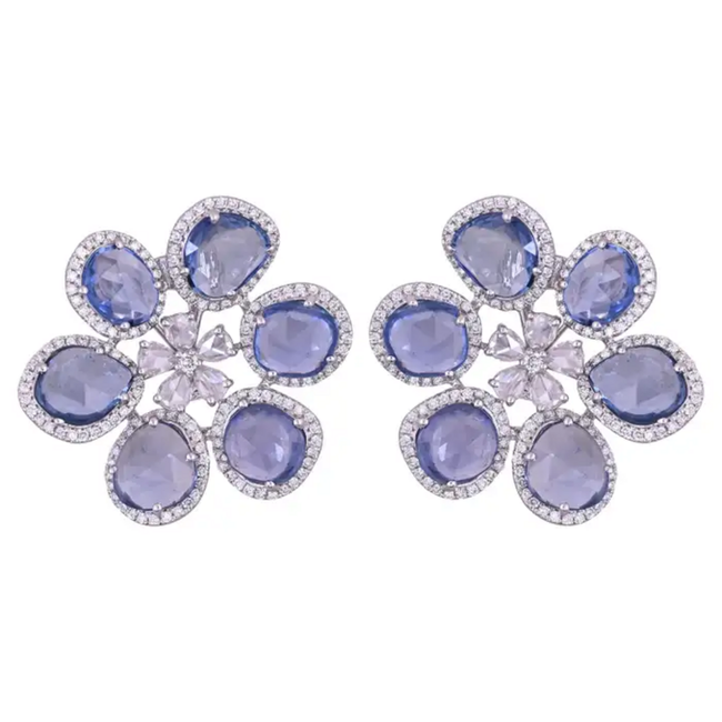 18k White Gold Floral Stud Earrings - Natural Blue Sapphire & Rose Cut Diamond Earrings Main Image