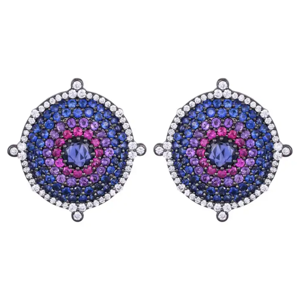 18k Gold Diamond Stud Earrings - Natural Ruby, Amethyst & Blue Sapphire Stud Earrings