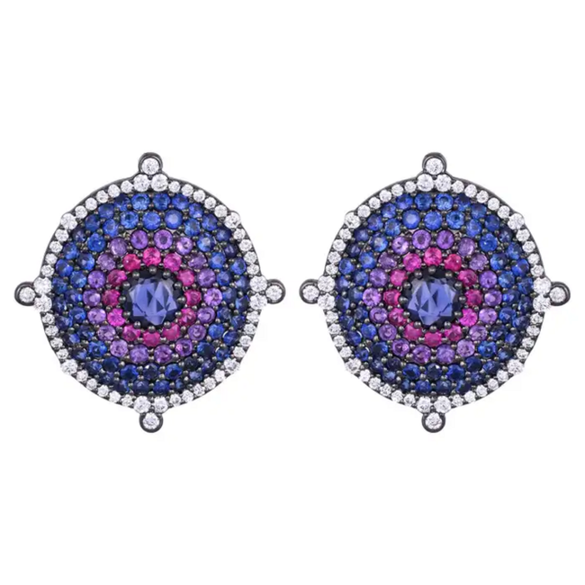 18k Gold Diamond Stud Earrings - Natural Ruby, Amethyst & Blue Sapphire Stud Earrings Main Image