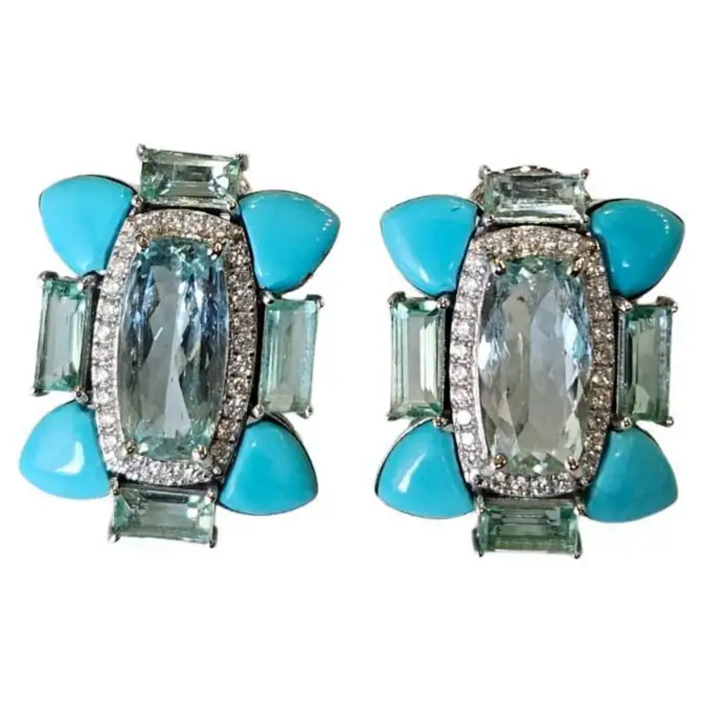 18k White Gold Diamond Stud Earrings - Natural Aquamarine, Turquoise & Emerald Gemstone Stud Earrings