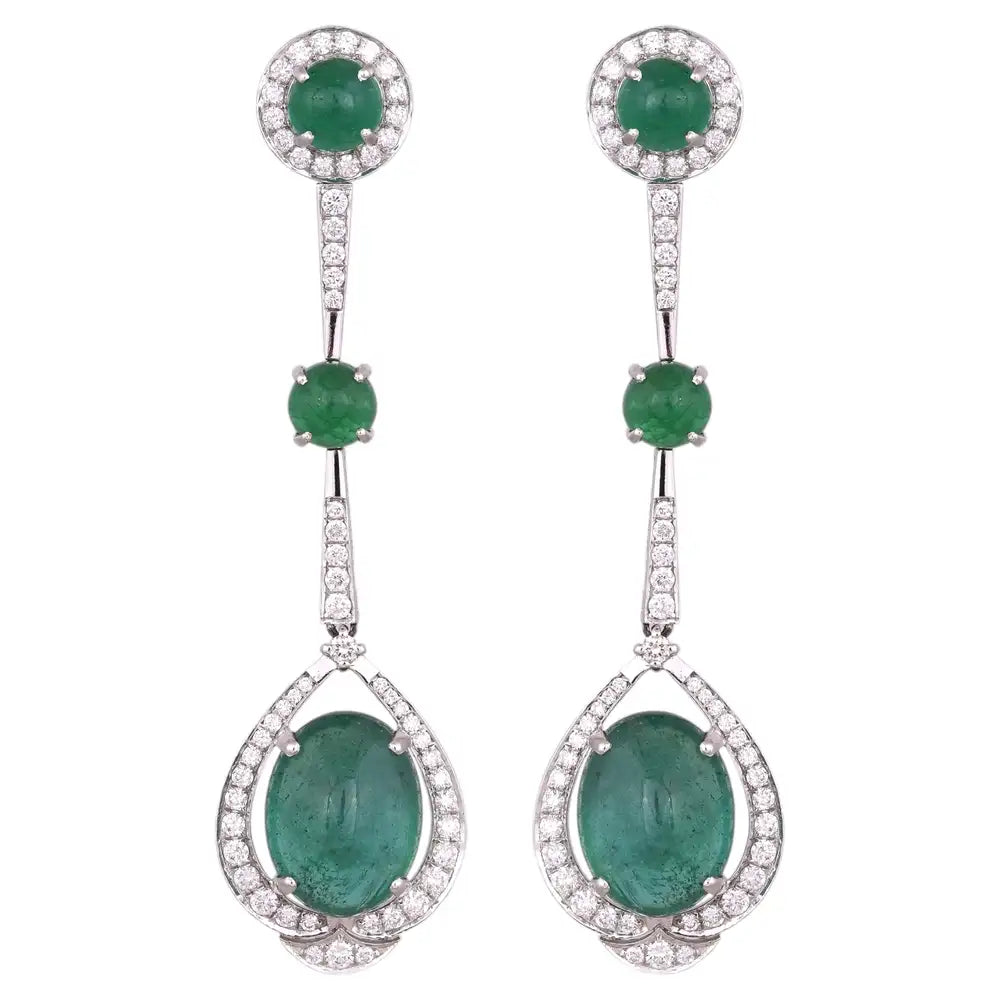 18k White Gold Diamond Dangle Earrings - Natural Emerald Gemstone Chandelier Earrings