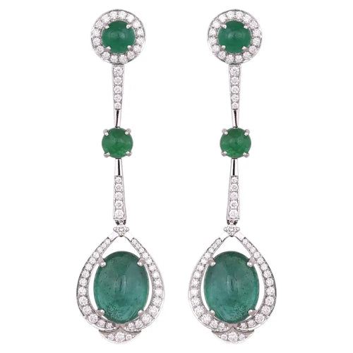 18k White Gold Diamond Dangle Earrings - Natural Emerald Gemstone Chandelier Earrings