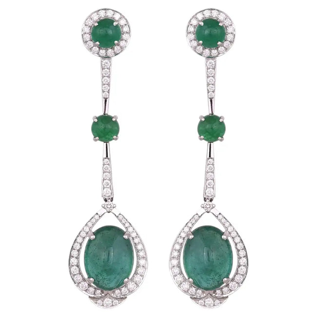18k White Gold Diamond Dangle Earrings - Natural Emerald Gemstone Chandelier Earrings Hover Image