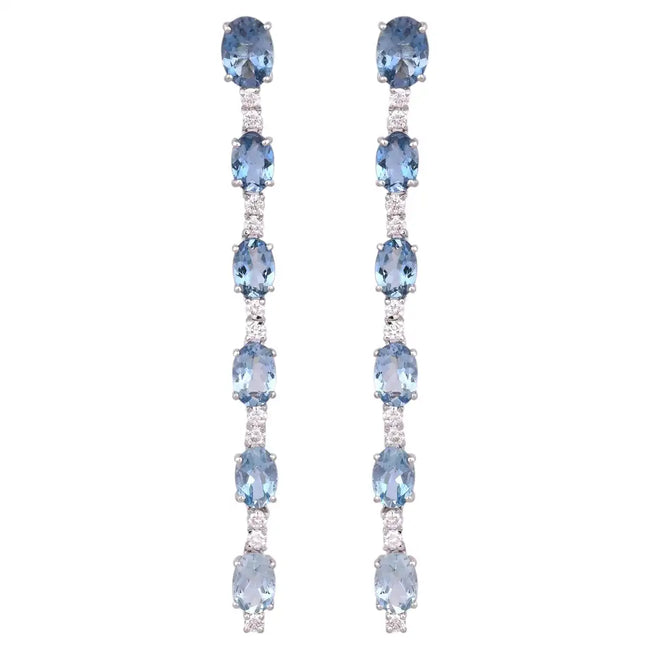 18k White Gold Diamond Dangle Earrings - Natural Aquamarine Gemstone Dangle Earrings Hover Image