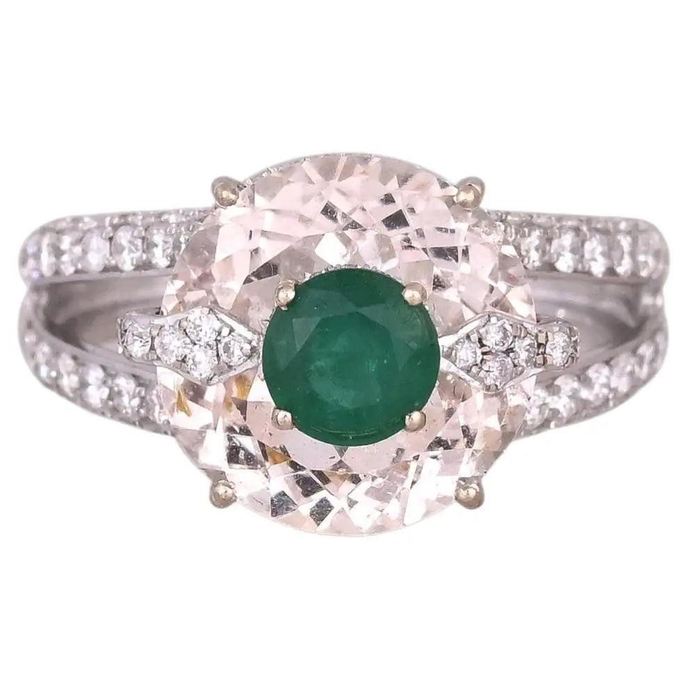 Natural Morganite & Zambian Emerald Gemstone Ring - 18k White Gold Diamond Ring