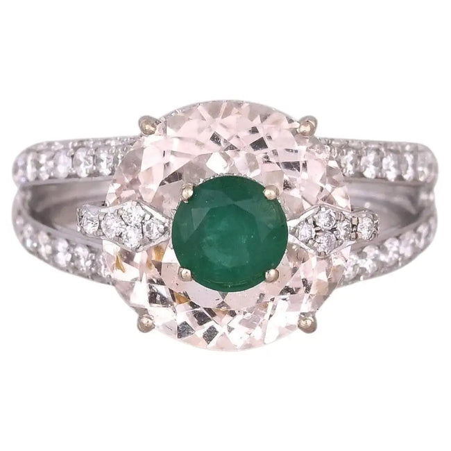 Natural Morganite & Zambian Emerald Gemstone Ring - 18k White Gold Diamond Ring Hover Image