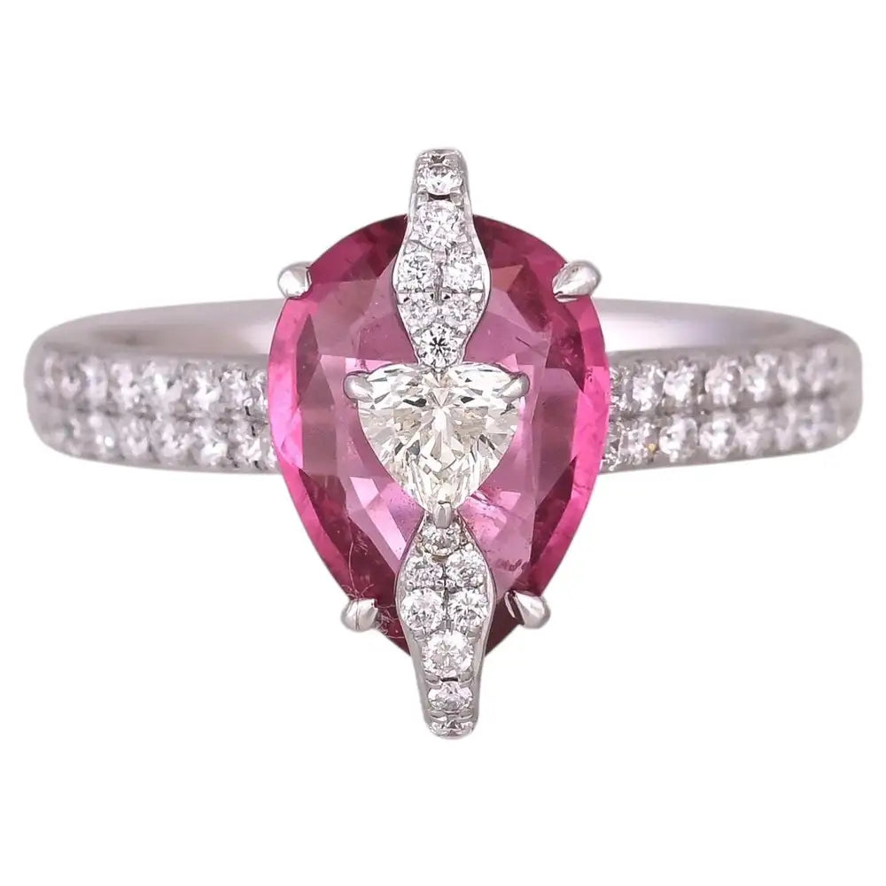 2.39 Ct. Rubellite Gemstone Ring - 18k White Gold Diamond Handmade Ring