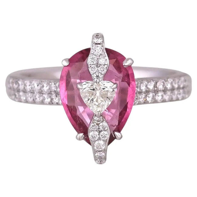 2.39 Ct. Rubellite Gemstone Ring - 18k White Gold Diamond Handmade Ring Hover Image
