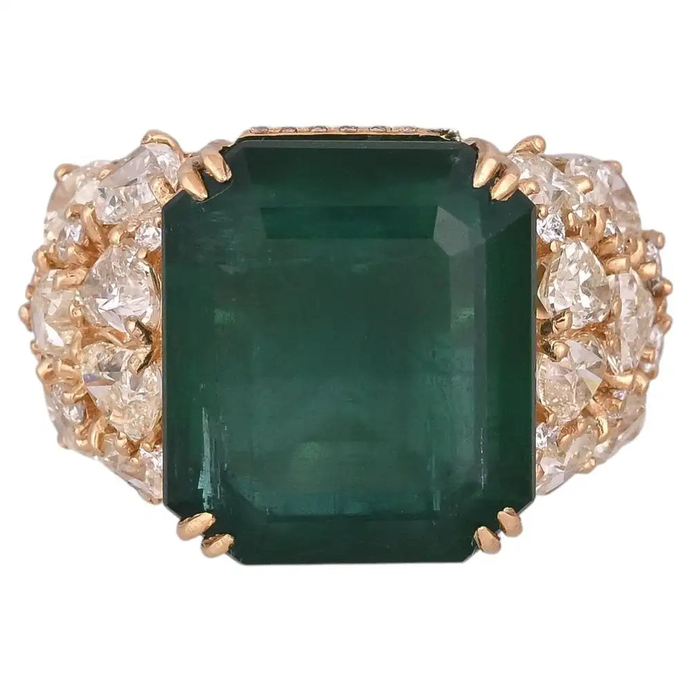 15.63 Ct. Zambian Emerald & Yellow Diamond Statement Ring - 18k Yellow Gold Handmade Ring