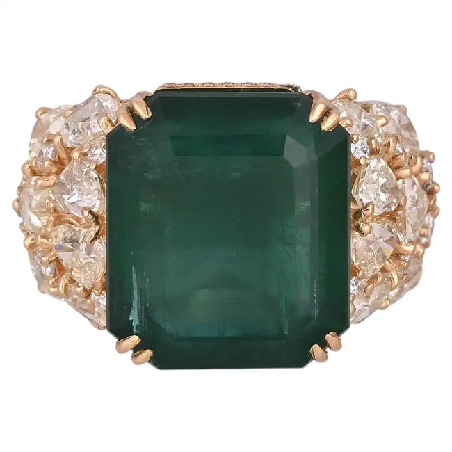 15.63 Ct. Zambian Emerald & Yellow Diamond Statement Ring - 18k Yellow Gold Handmade Ring Hover Image